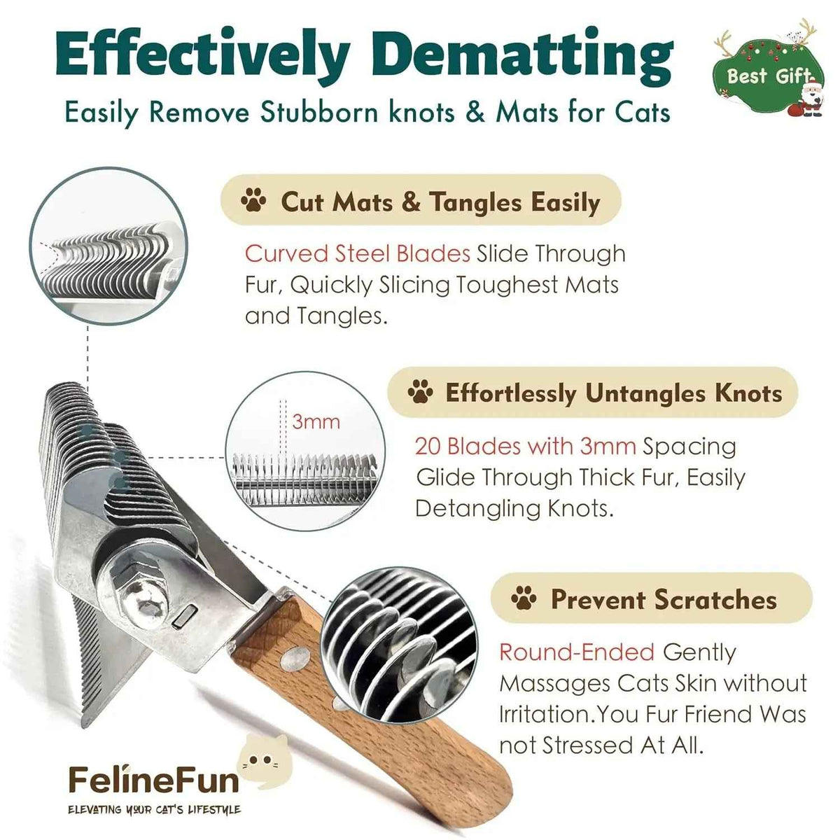 2-in-1 Cat Dematting & Deshedding Brush Undercoat Rake for Long Hair Cats